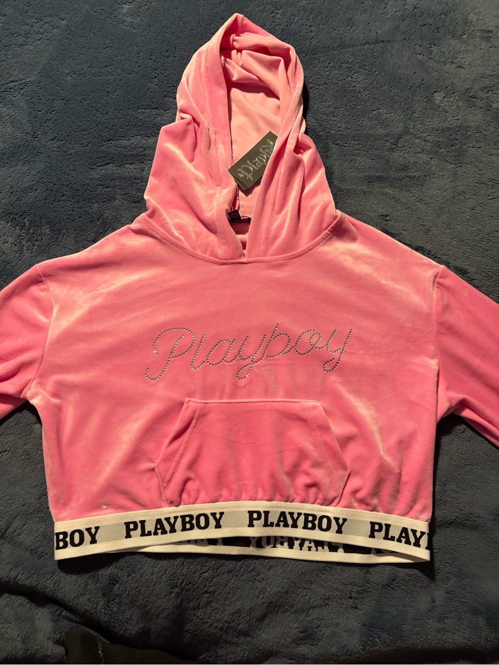 NWT PLAYBOY Pink Velour Rhinestone Logo Cropped Hoodie